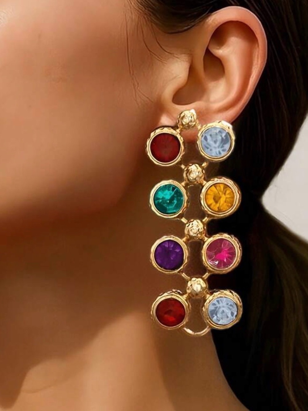 ✨ Colorful Gold-Tone Crystal Statement Drop Earrings | Multicolor Rhinestone - Picture 1 of 5